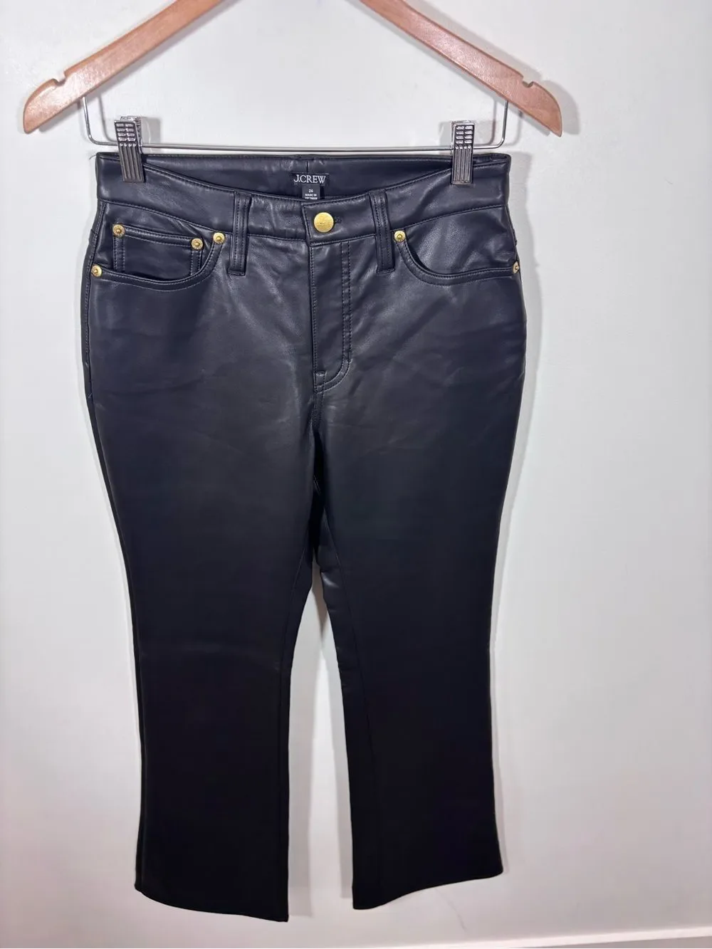 J Crew High-rise bootcut pant in faux leather NWT 26 Black Classic CC485